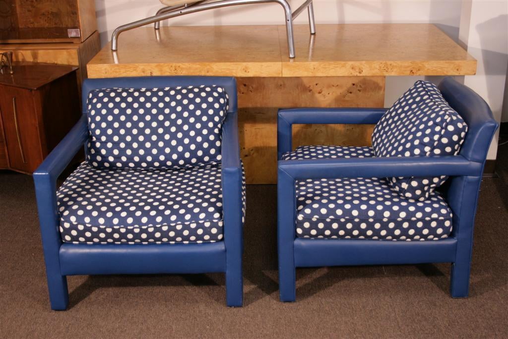 Fun 1970s Original Blue Upholstered Polka Dot Cube Club Chairs 2