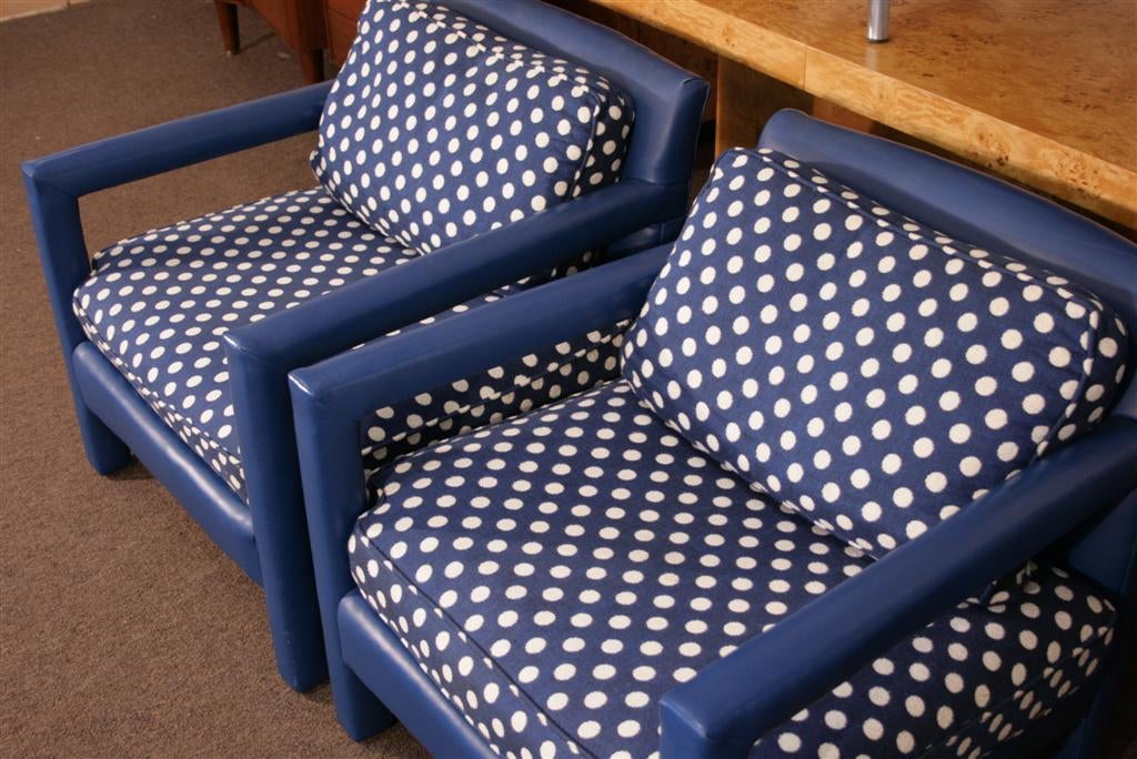 Fun 1970s Original Blue Upholstered Polka Dot Cube Club Chairs 3