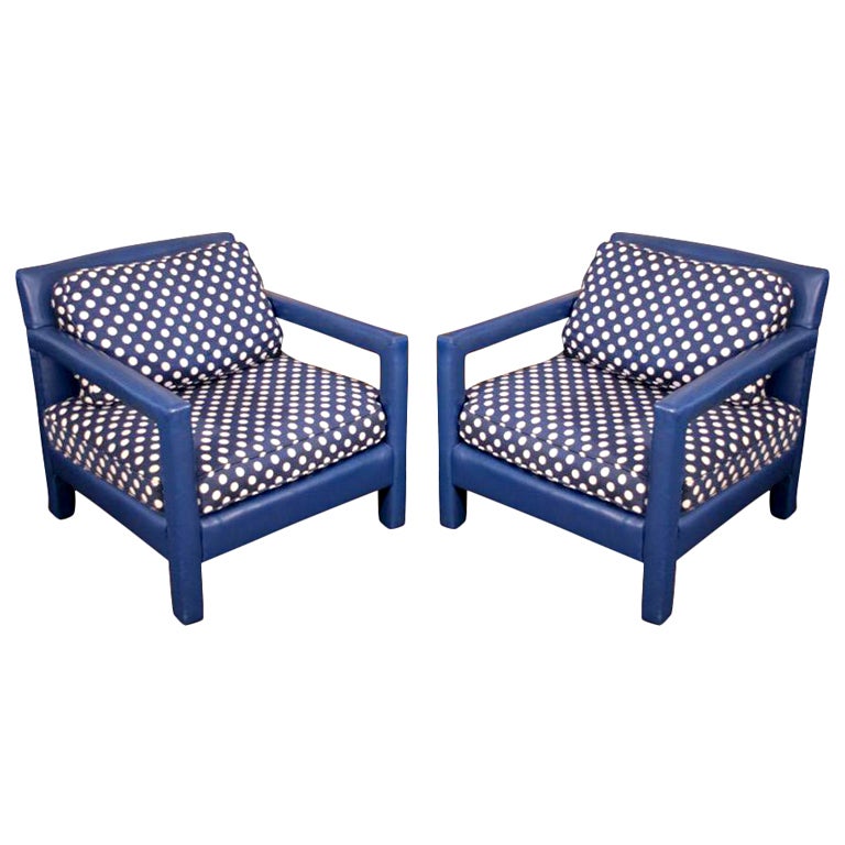 Fun 1970s Original Blue Upholstered Polka Dot Cube Club Chairs