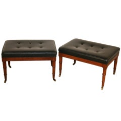 1950's Faux Bamboo Mahogany Tufted Chippendale Stools on Casters