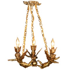 Vintage 1930's Neoclassical Style Triple Putti Petite Spelter Chandelier
