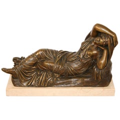 Antique 19th C. Georges Bareau French Bronze Marble Sleeping Ariadne Statue Sculpture