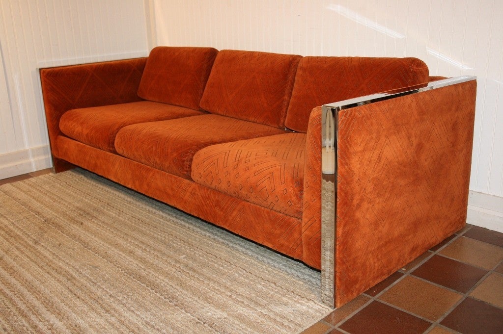 Orange 1970's Chrome Trim 3-Seat Cube Sofa by Selig Monroe 2