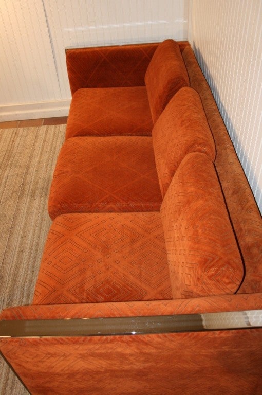 Fabric Orange 1970's Chrome Trim 3-Seat Cube Sofa by Selig Monroe