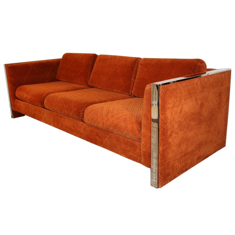 Orange 1970's Chrome Trim 3-Seat Cube Sofa by Selig Monroe