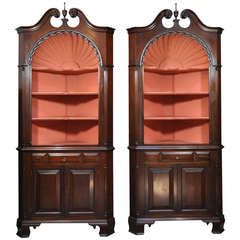 Pair of Custom Shell Carved Solid Mahogany Chippendale Style Corner Cabinets