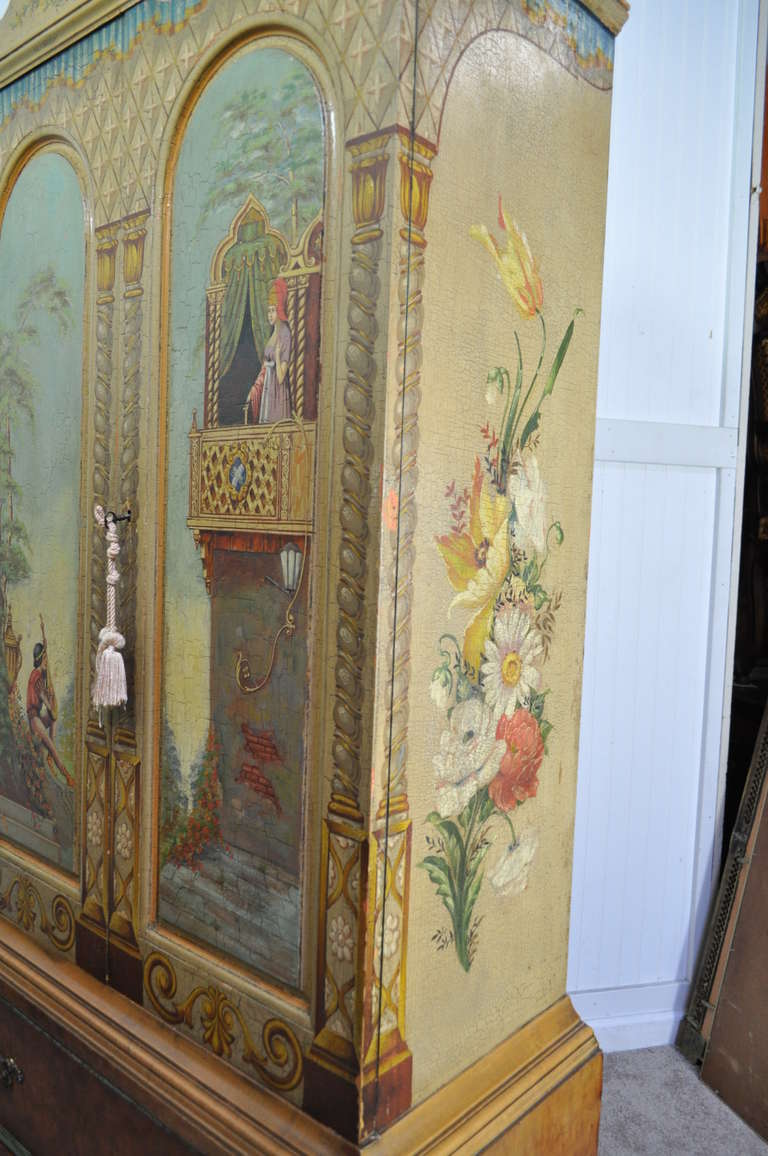 20th Century Antique Hand Painted Romeo & Juliet Renaissance Romance Cabinet Dresser Armoire