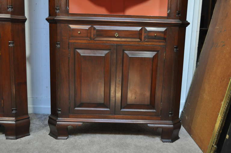 American Pair of Custom Shell Carved Solid Mahogany Chippendale Style Corner Cabinets