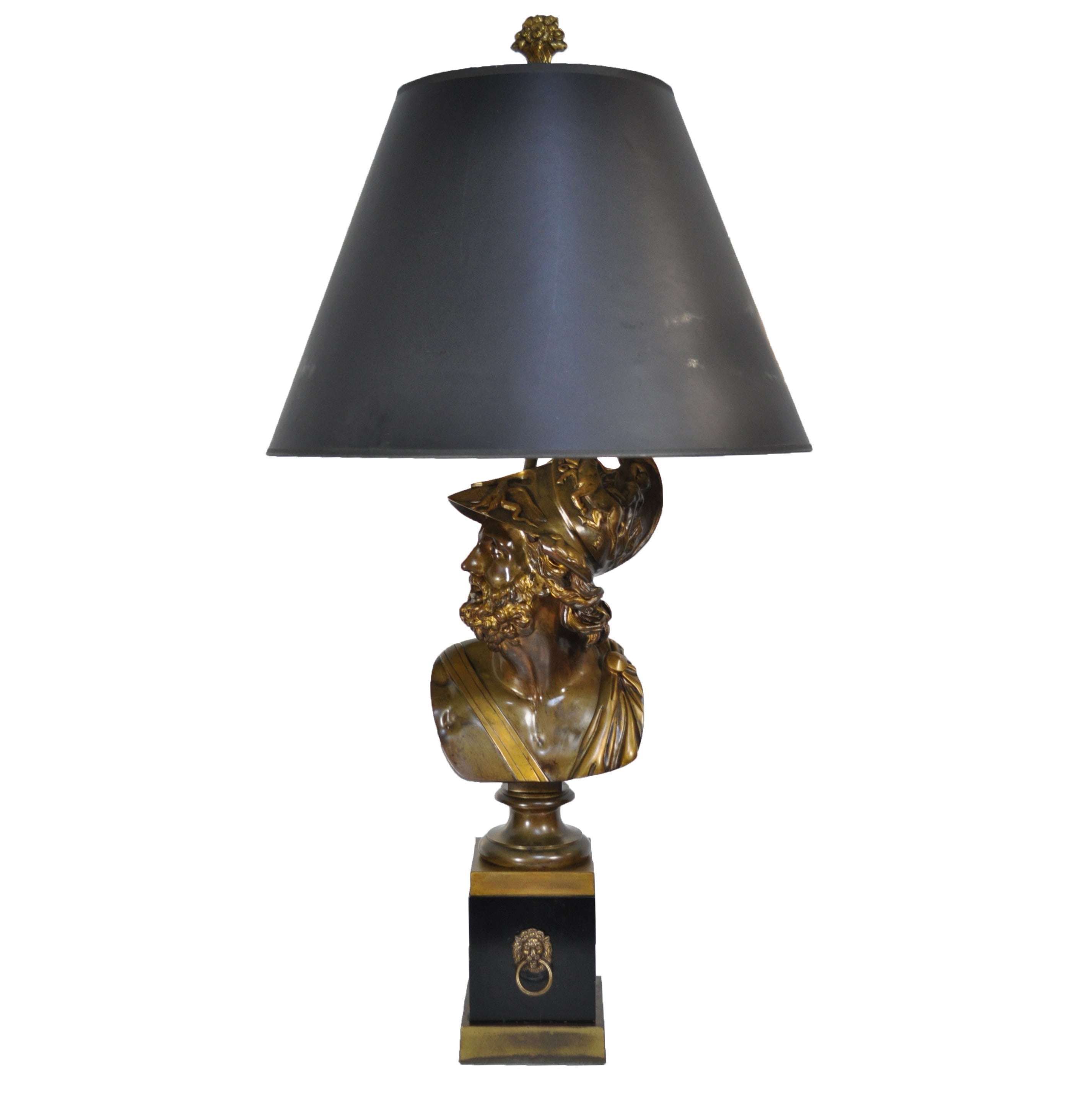 19th C Patinated Bronze French Bust of Trojan War Greek General Ajax Table Lamp For Sale