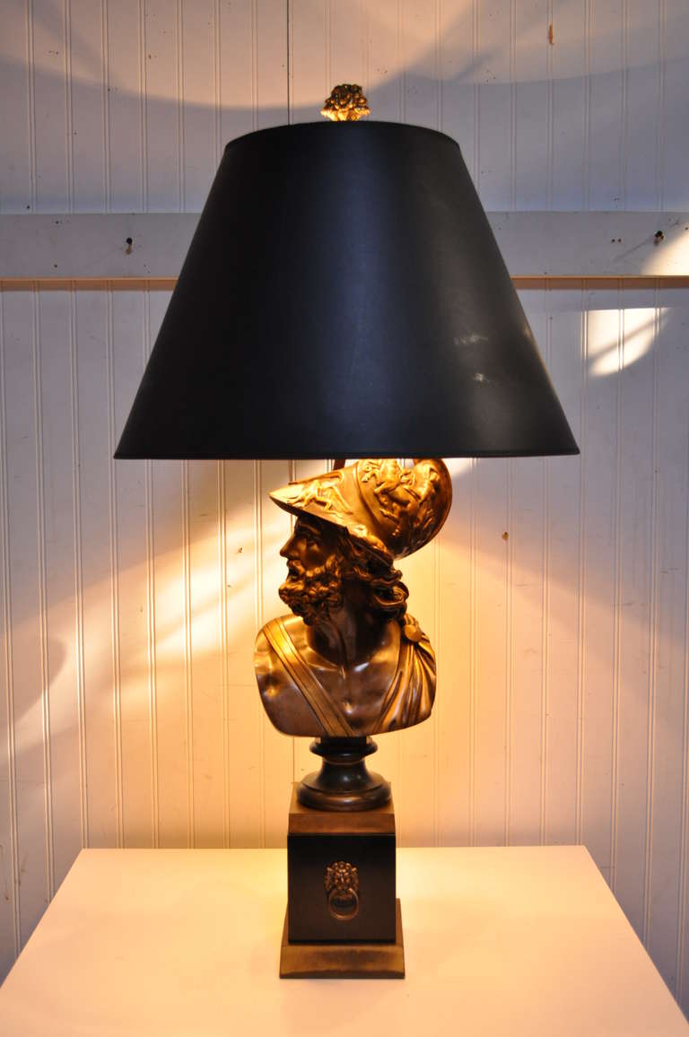 19th C Patinated Bronze French Bust of Trojan War Greek General Ajax Table Lamp For Sale 2
