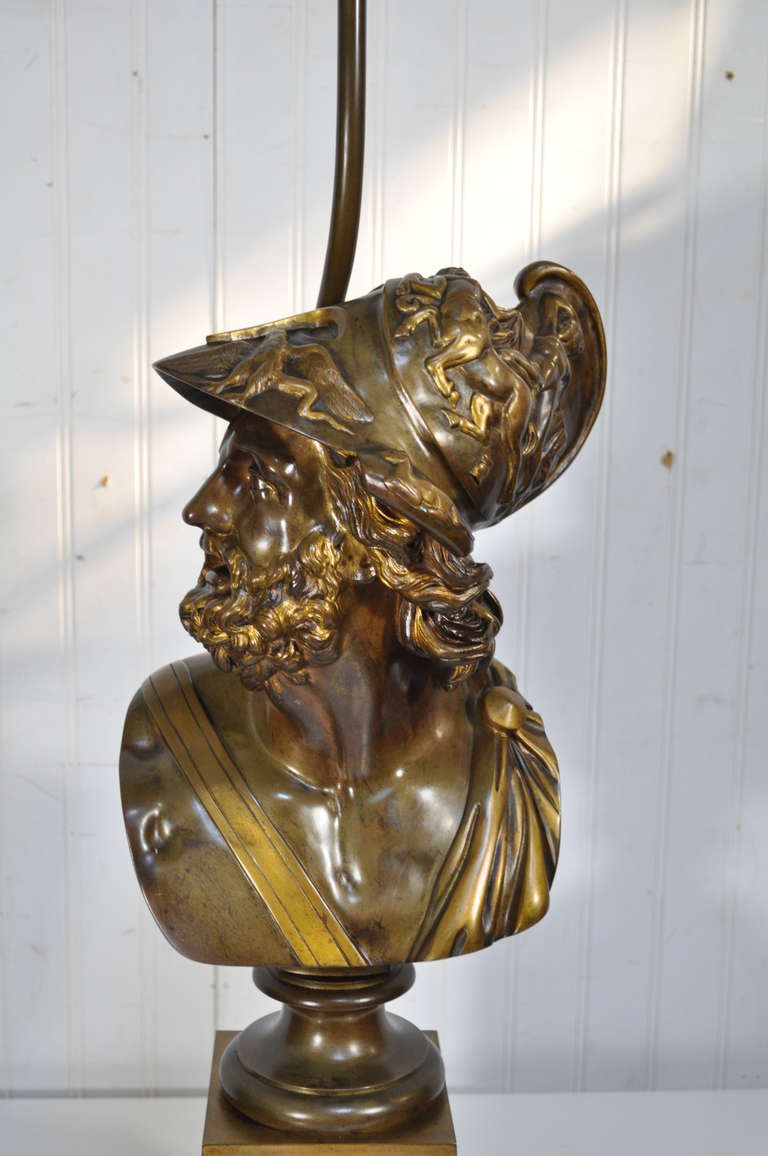 Stately Patinated Bronze French Table Lamp depicting the famous Greek war general Ajax with some of the finest and most detailed castings I have ever come across including the locks of hair, figures / scenes on his helmet, and other remarkable high