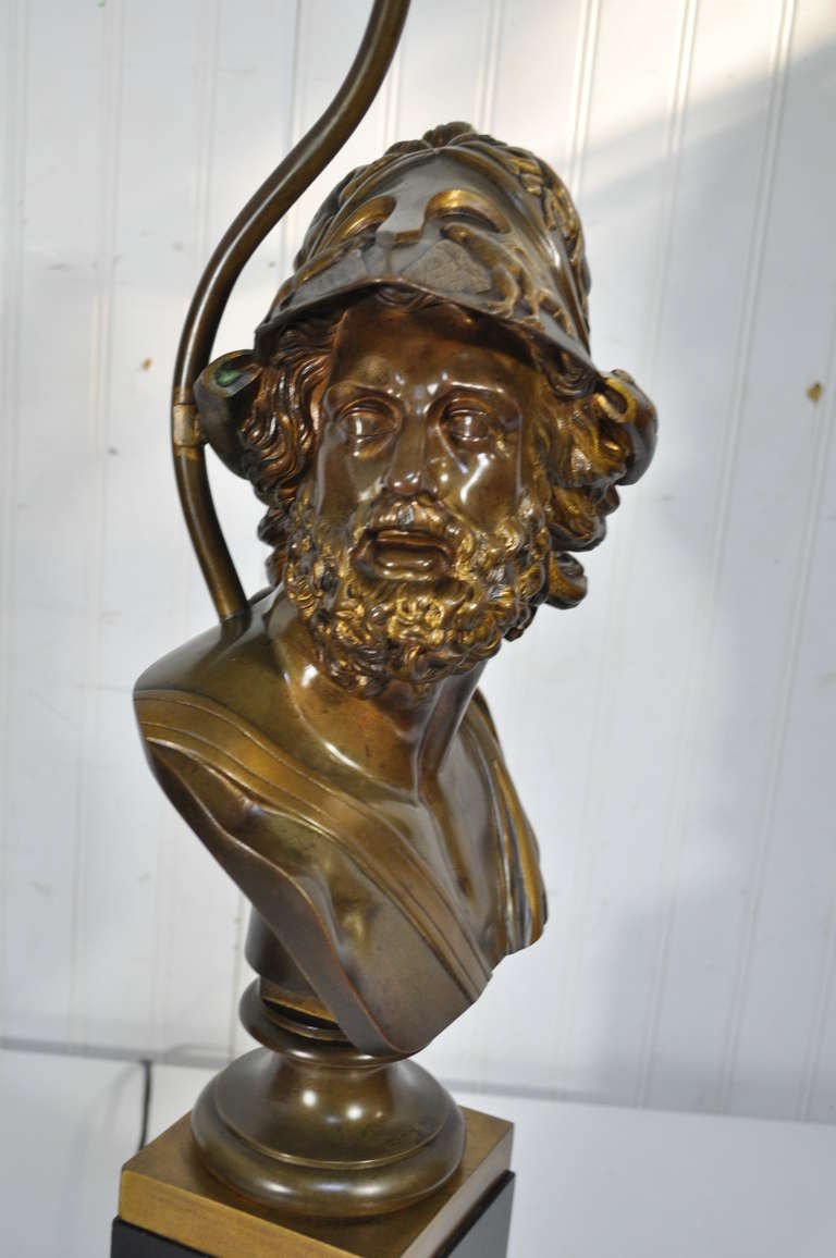 Neoclassical 19th C Patinated Bronze French Bust of Trojan War Greek General Ajax Table Lamp For Sale