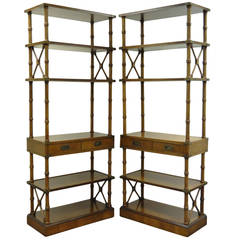 Pair of Hollywood Regency Faux Bamboo Campaign Style Etageres or Bookcases
