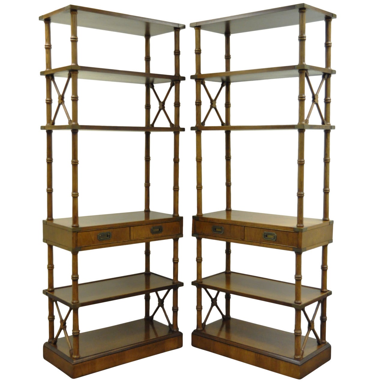 Pair of Hollywood Regency Faux Bamboo Campaign Style Etageres or Bookcases