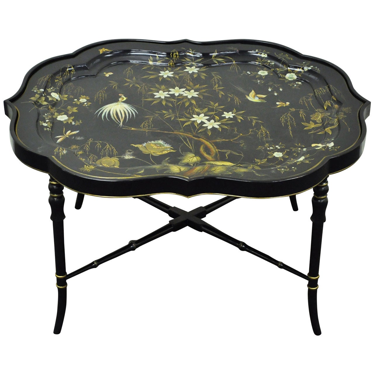 English Scalloped Papier Mâché Hand-Painted Tole Tray Faux Bamboo Table Stand