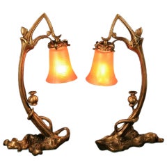 Rare Pair of Bronze Art Nouveau Ribbed Glass Tulip Table Lamps