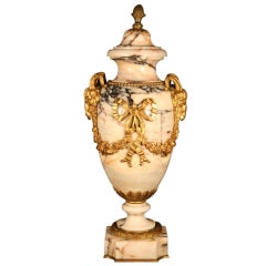 Impressive 19th C French Marble & Bronze Urn with Rams Handles