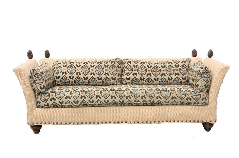 Breathtaking Pair (Thats right 2 Matching Sofas!) of Custom American Made Sofas by Vanguard of High Point, N.C. These super high quality sofas are in a knole style with sexy curves, carved wood acorn finials, down filled cushions, solid wood bun