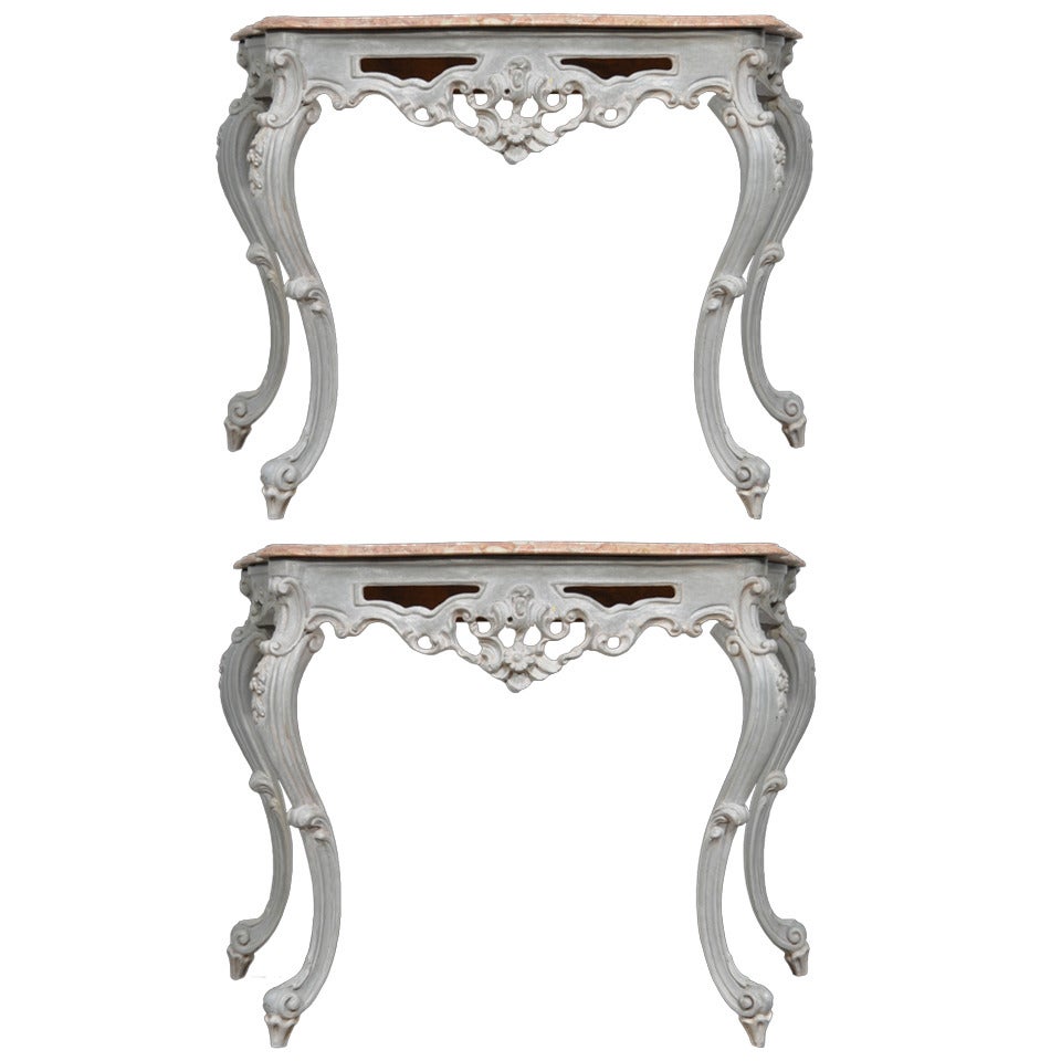 Pair of Vintage Marble Top Carved & Distress Painted French Rococo/Louis XV Style Console Tables