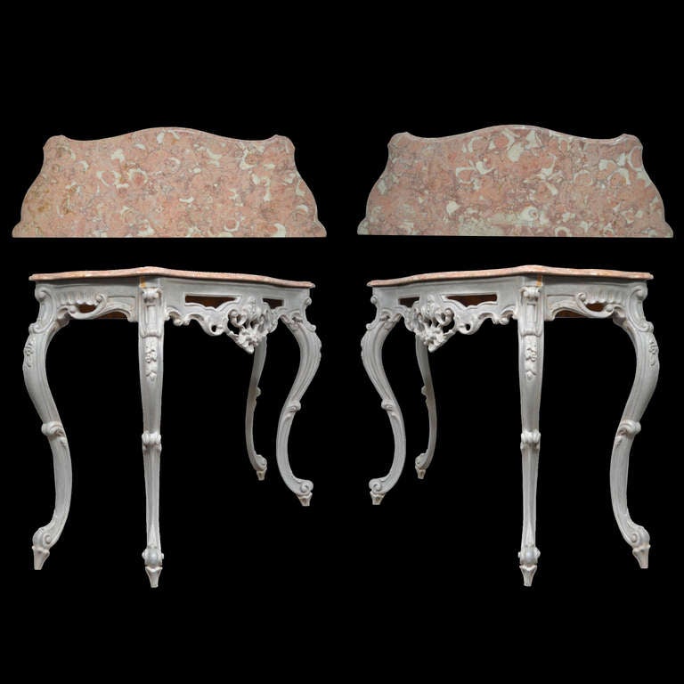 Pair of Vintage Marble Top Carved & Distress Painted French Rococo/Louis XV Style Console Tables 4