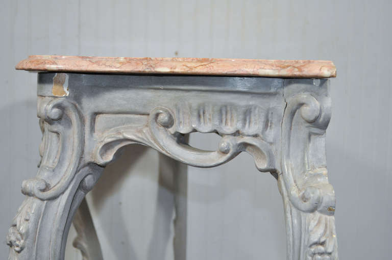 Pair of Vintage Marble Top Carved & Distress Painted French Rococo/Louis XV Style Console Tables In Distressed Condition In Philadelphia, PA