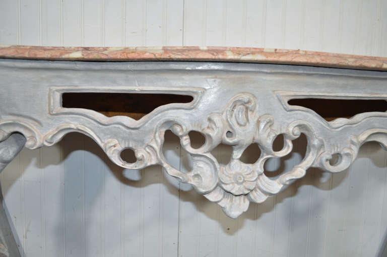 Pair of Vintage Marble Top Carved & Distress Painted French Rococo/Louis XV Style Console Tables 1