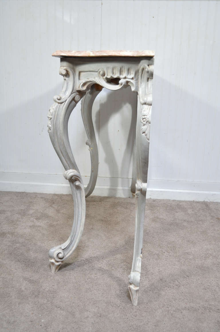 20th Century Pair of Vintage Marble Top Carved & Distress Painted French Rococo/Louis XV Style Console Tables