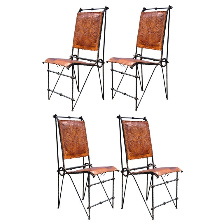 Set 4 Iron & Tooled Leather Brutalist Dining Chairs Attributed after Ilana Goor