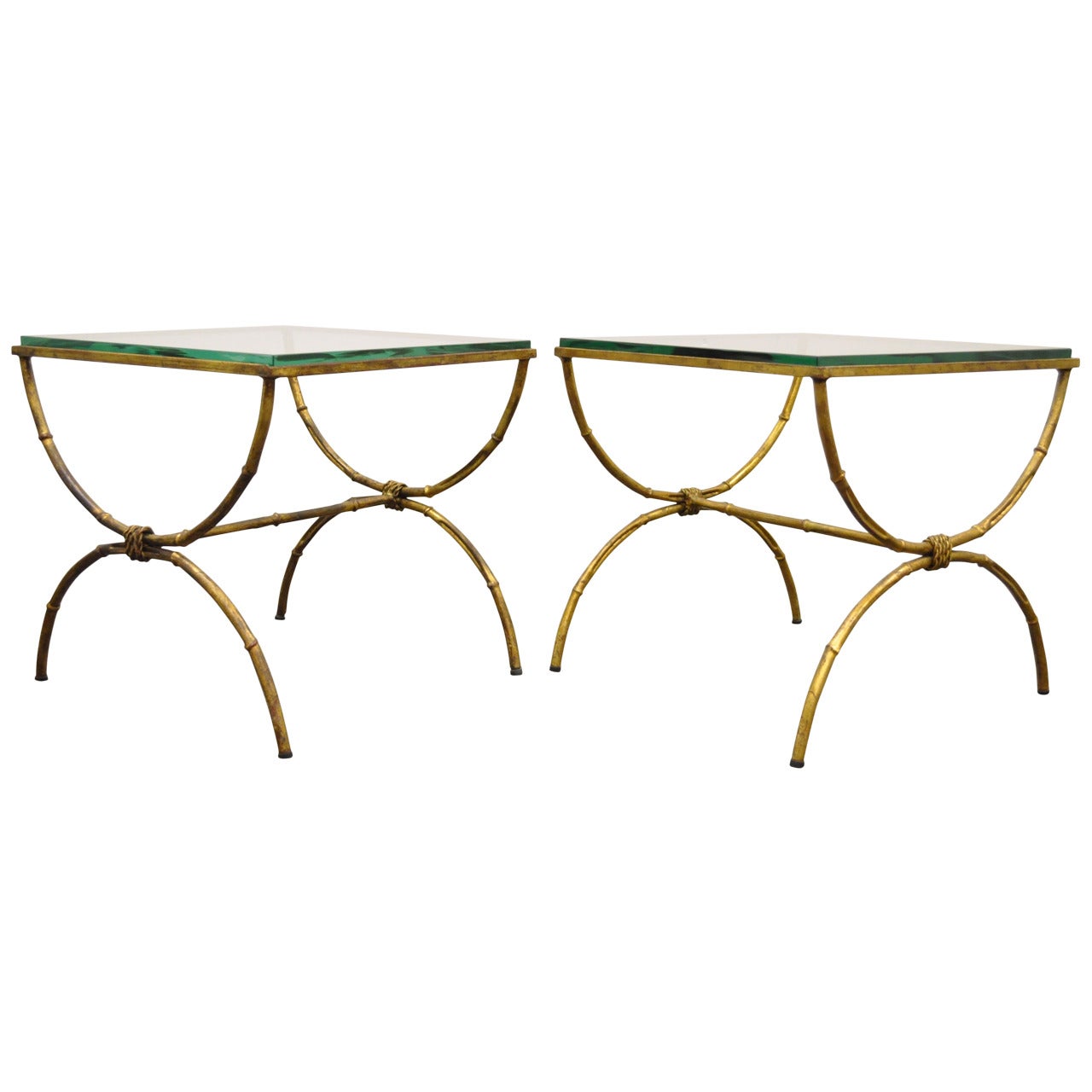 Pair Italian Hollywood Regency Gold Gilt Metal and Glass Faux Bamboo Side Tables