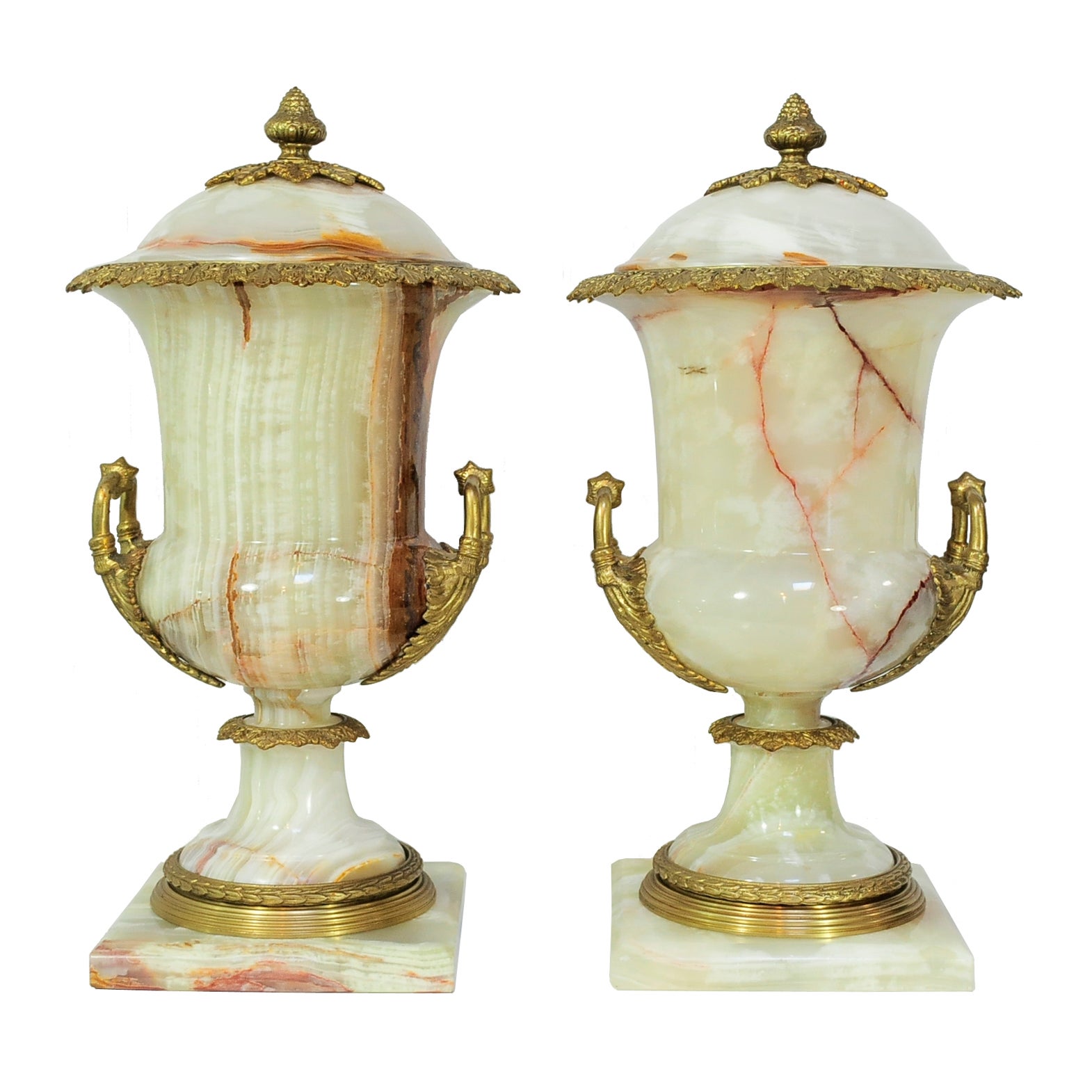 Pair of French Louis XVI Empire Style Onyx and Bronze Lidded Urn Cassolettes