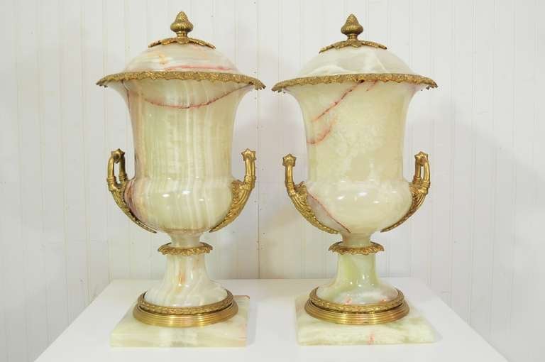 Pair of French Louis XVI Empire Style Onyx and Bronze Lidded Urn Cassolettes For Sale 4