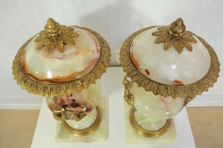 Unknown Pair of French Louis XVI Empire Style Onyx and Bronze Lidded Urn Cassolettes For Sale