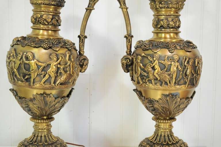 Pair of Figural Cherub & Rams Head French Neoclassical Bronze Ewer Table Lamps For Sale 5