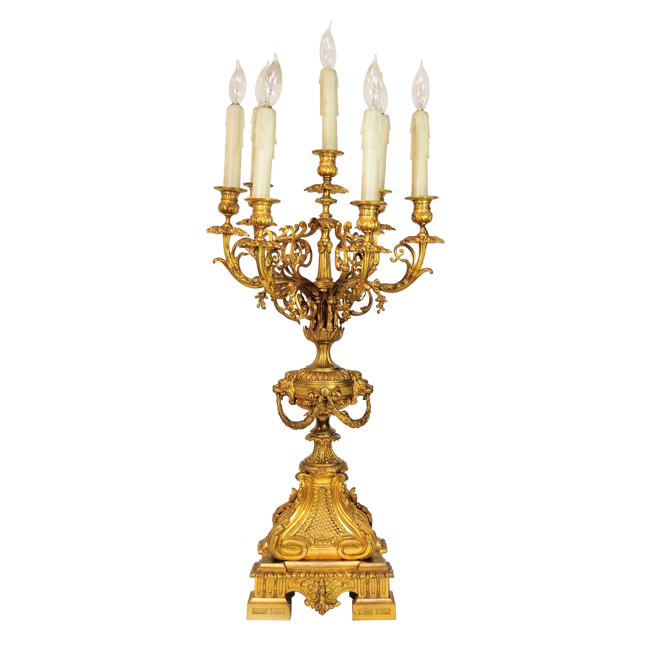 19th C. Figural French Louis XV Style Gilt Bronze Lion Candelabra Table Lamp For Sale