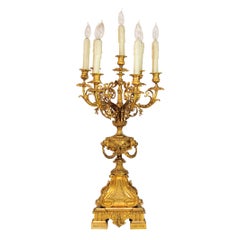19th C. Figural French Louis XV Style Gilt Bronze Lion Candelabra Table Lamp