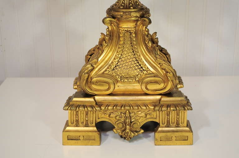 19th C. Figural French Louis XV Style Gilt Bronze Lion Candelabra Table Lamp For Sale 4