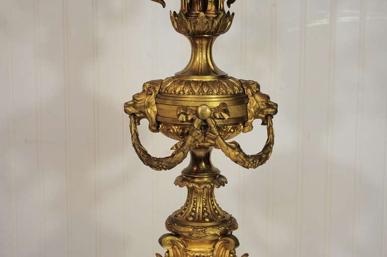 19th C. Figural French Louis XV Style Gilt Bronze Lion Candelabra Table Lamp For Sale 1