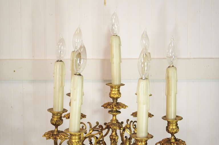 Stately 19th C. French Gilt Bronze Candelabra Lamp in the Louis XV Taste. This remarkable table lamp features seven ornate lighted candelabra arms, ornate gilt bronze detailing with lion heads holding draped wreathes gracefully from their mouths.