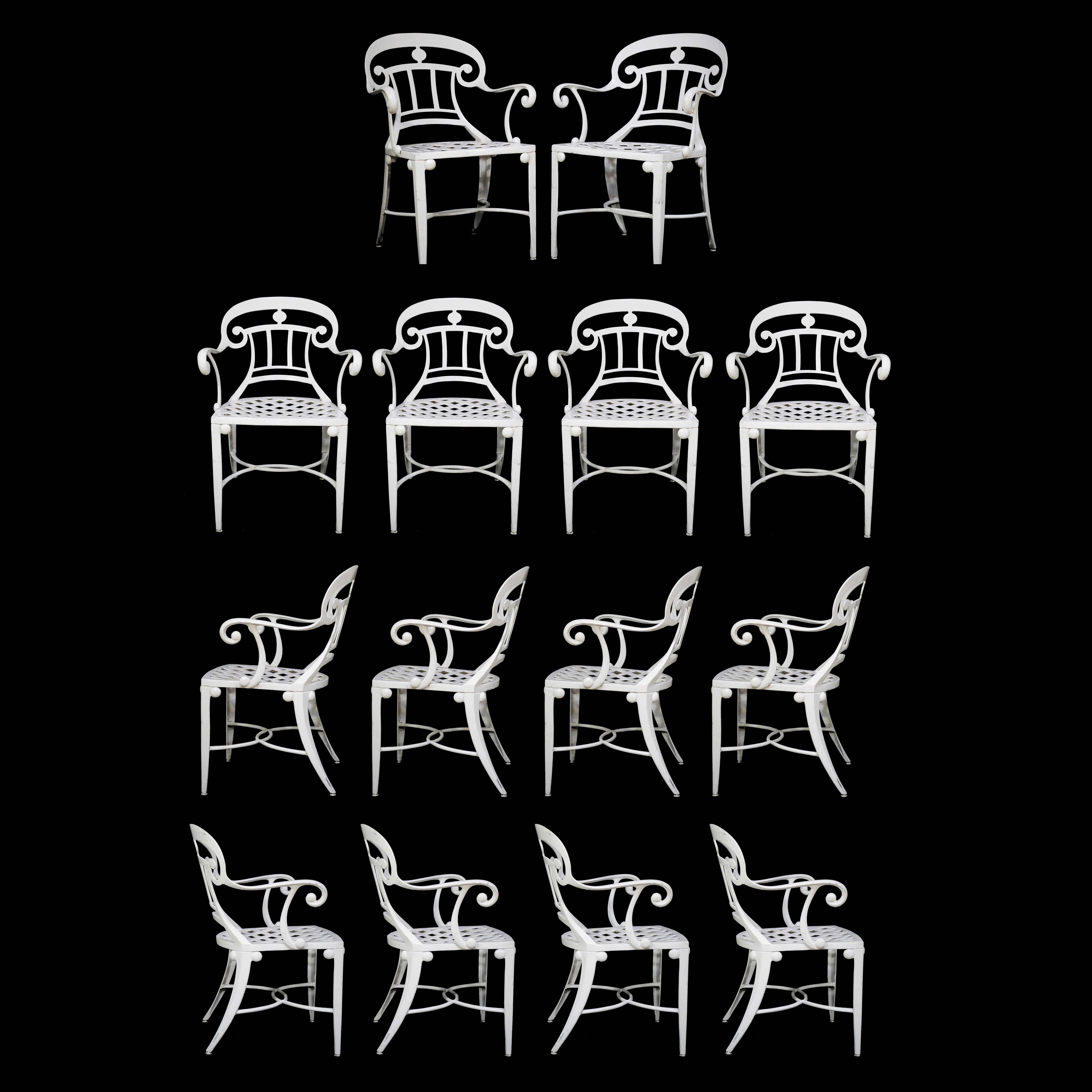 14 Tavern on the Green Neoclassical Klismos Cast Aluminum Dining Armchairs