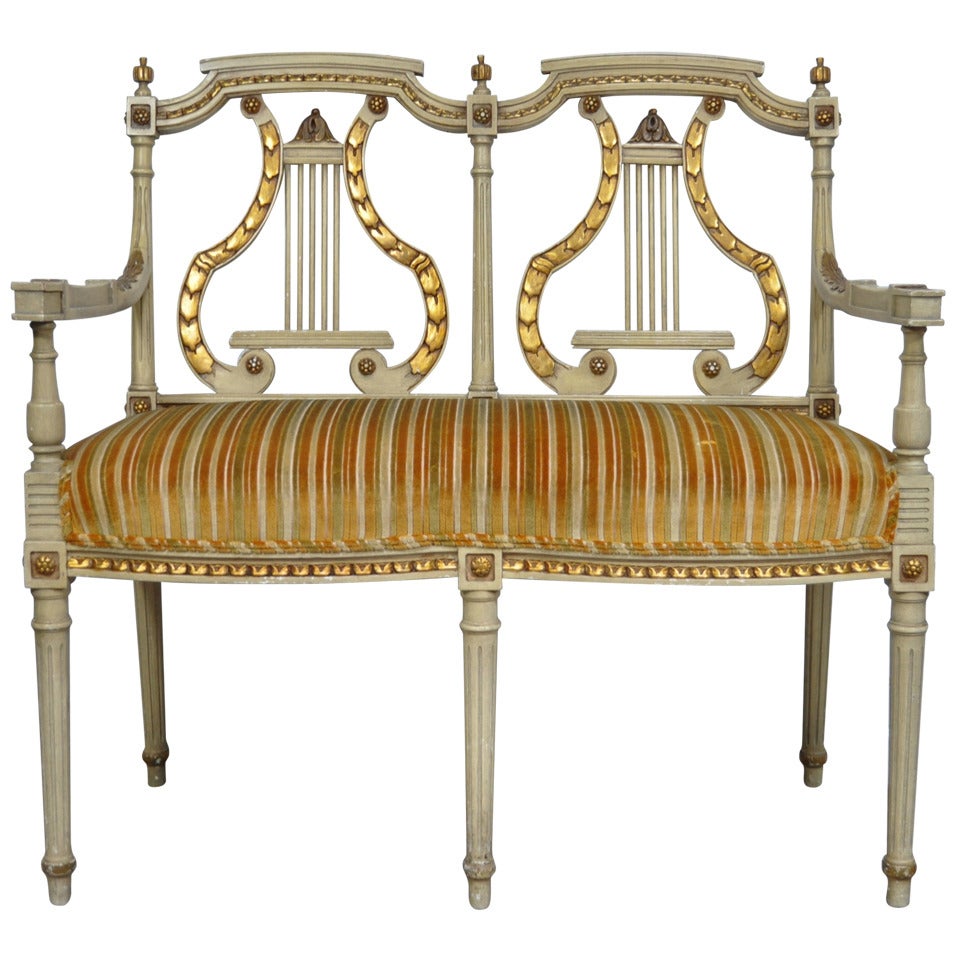 French Louis XVI Neoclassical Style Lyre Harp Back Gold and Cream Settee Bench