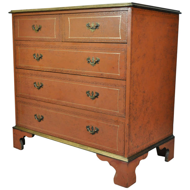 Vintage Orange Tooled Leather Wrapped Commode Chest of Drawers by Gus