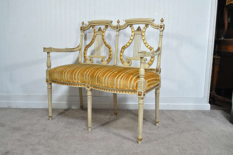 French Louis XVI Neoclassical Style Lyre Harp Back Gold and Cream Settee Bench 2