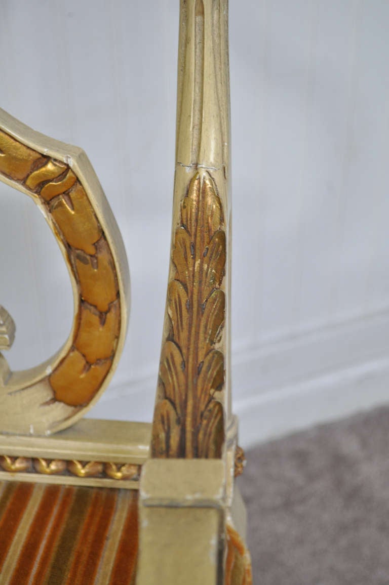 French Louis XVI Neoclassical Style Lyre Harp Back Gold and Cream Settee Bench In Good Condition In Philadelphia, PA