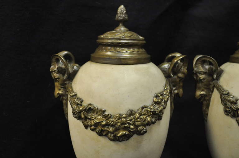 Neoclassical 20th Century Pair of Marble and Bronze Figural Ram Head Table Top Urn Cassolettes