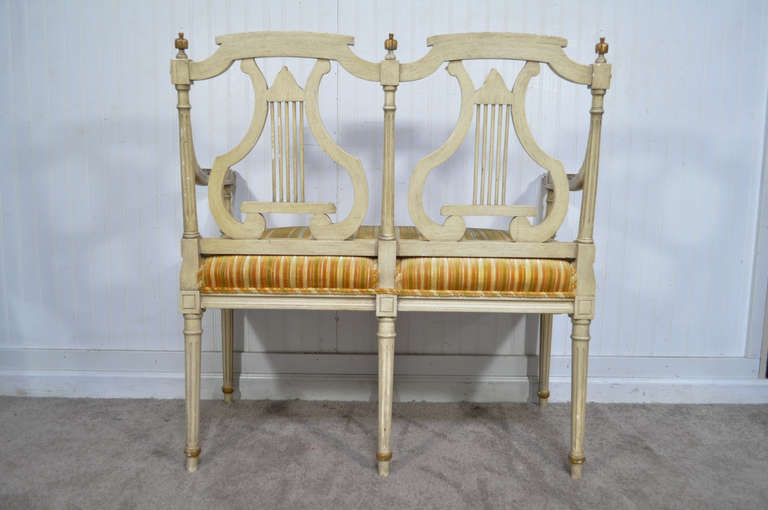 Mid-20th Century French Louis XVI Neoclassical Style Lyre Harp Back Gold and Cream Settee Bench