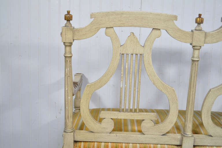 Fabric French Louis XVI Neoclassical Style Lyre Harp Back Gold and Cream Settee Bench