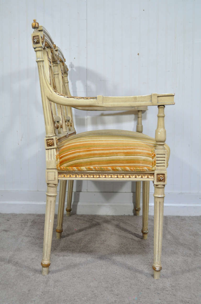 French Louis XVI Neoclassical Style Lyre Harp Back Gold and Cream Settee Bench 1