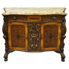 Antique French Louis XV Baroque Style Carved Burr Walnut Rogue Marble Top Commode Server