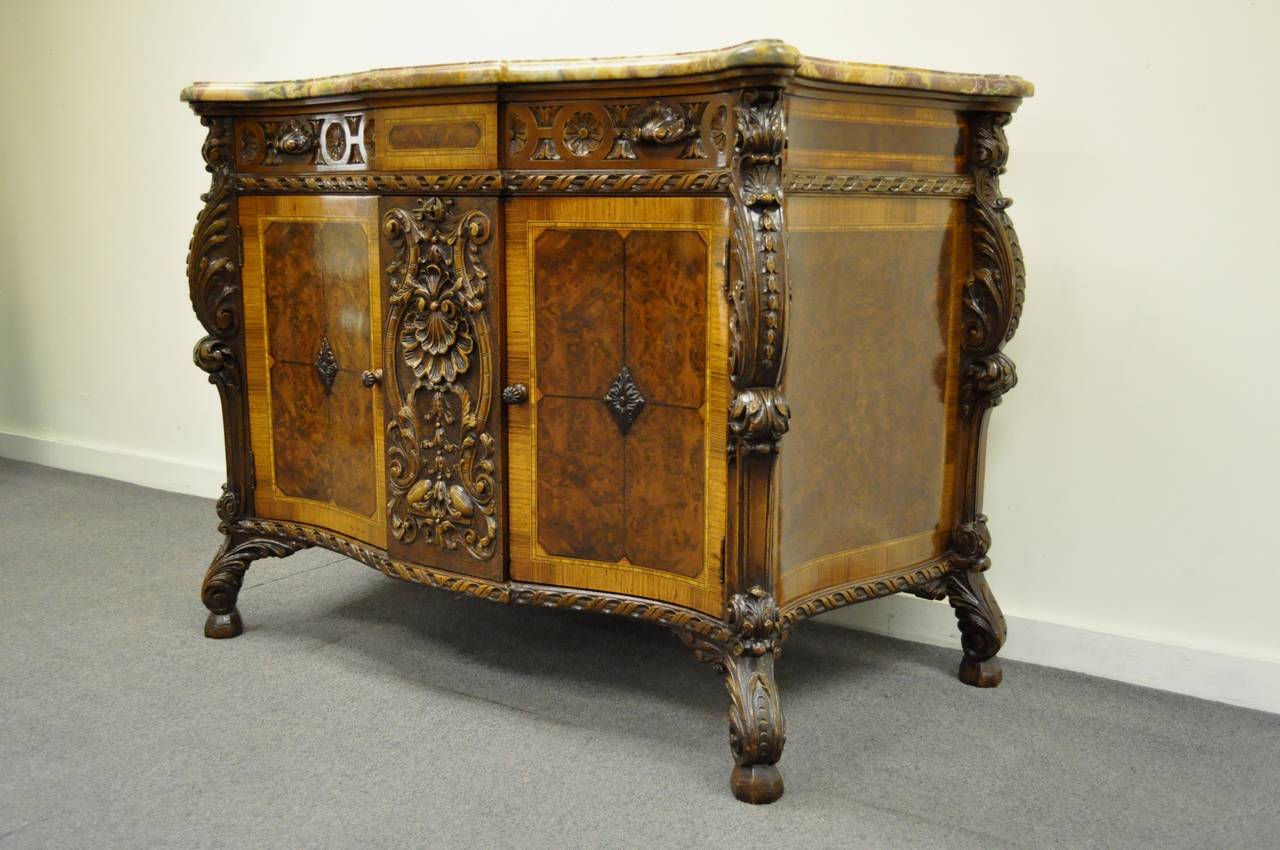 French Louis XV Baroque Style Carved Burr Walnut Rogue Marble Top Commode Server 6