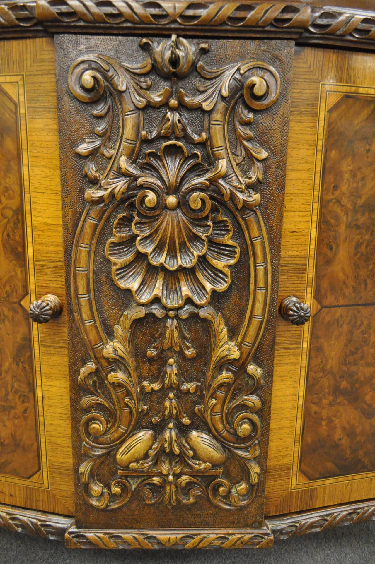 French Louis XV Baroque Style Carved Burr Walnut Rogue Marble Top Commode Server In Good Condition In Philadelphia, PA